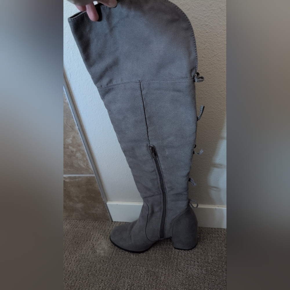 Charming Charlie Tall Bow Back Detail Grey Suede Heeled Boots - Picture 4 of 12